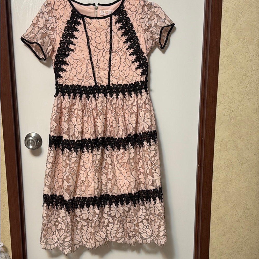 GB Girls Pink Lace Dress with Black Accents Size 12